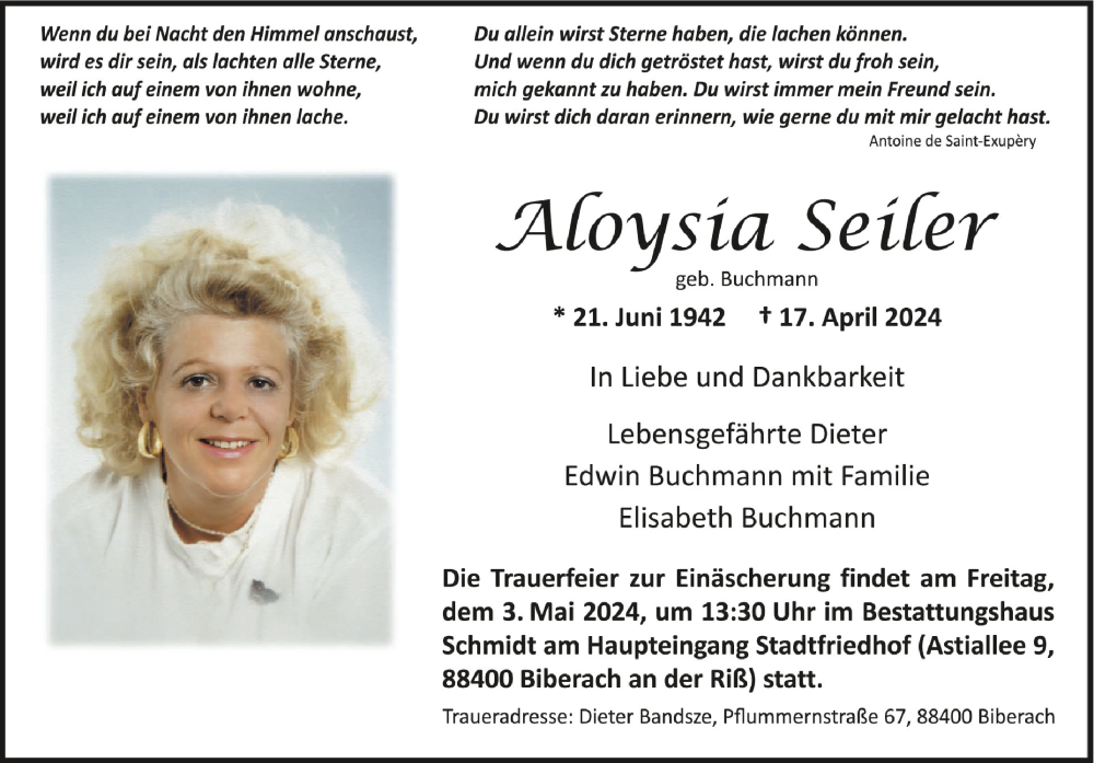  Traueranzeige für Aloysia Seiler vom 24.04.2024 aus Schwäbische Zeitung