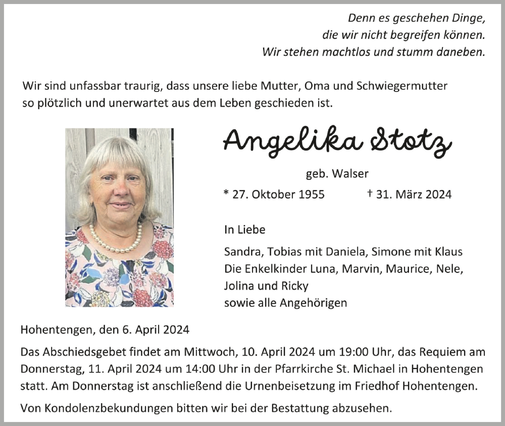  Traueranzeige für Angelika Stotz vom 06.04.2024 aus Schwäbische Zeitung