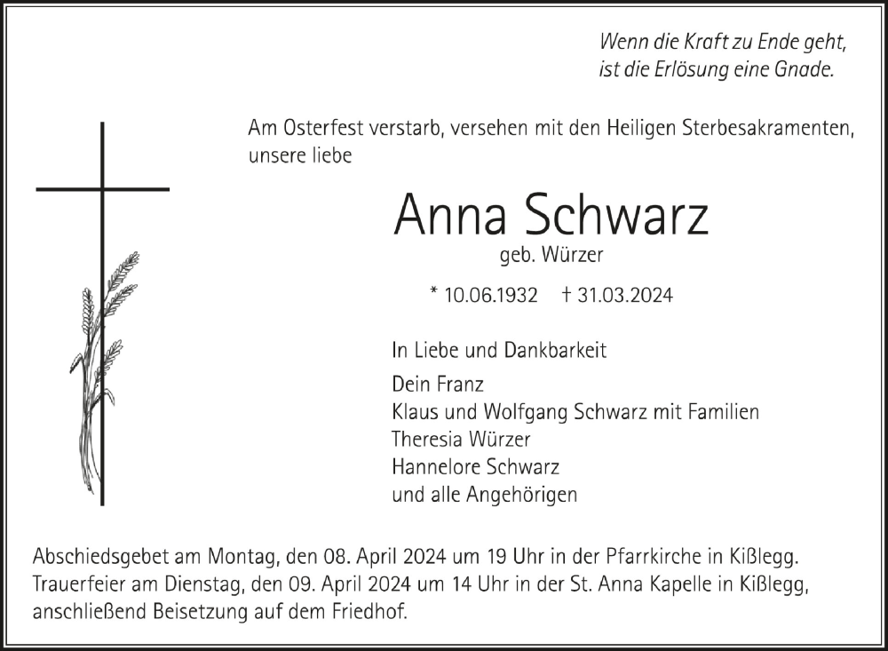  Traueranzeige für Anna Schwarz vom 06.04.2024 aus Schwäbische Zeitung