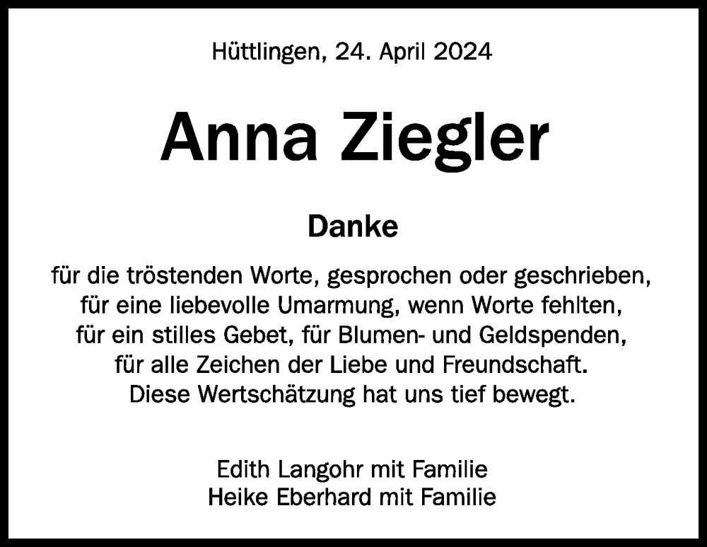  Traueranzeige für Anna Ziegler vom 24.04.2024 aus Schwäbische Zeitung