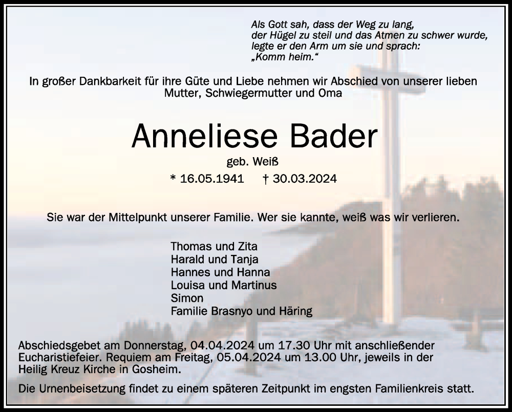  Traueranzeige für Anneliese Bader vom 03.04.2024 aus Schwäbische Zeitung