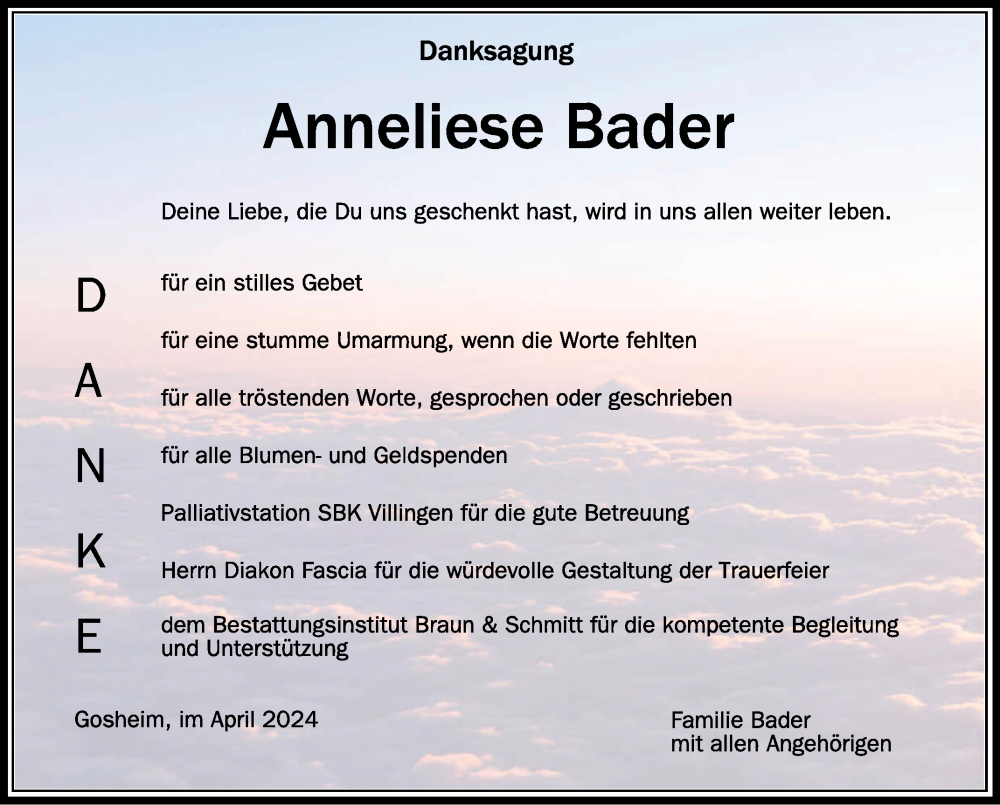  Traueranzeige für Anneliese Bader vom 20.04.2024 aus Schwäbische Zeitung