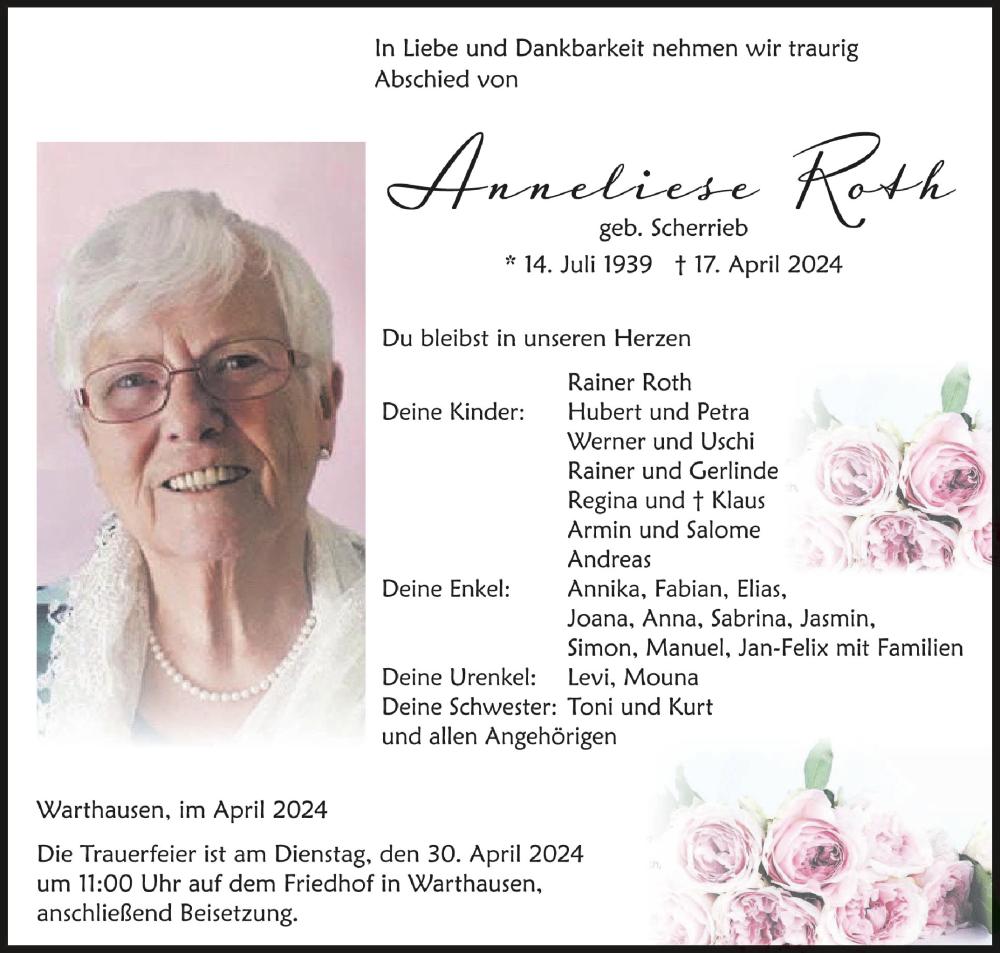  Traueranzeige für Anneliese Roth vom 20.04.2024 aus Schwäbische Zeitung