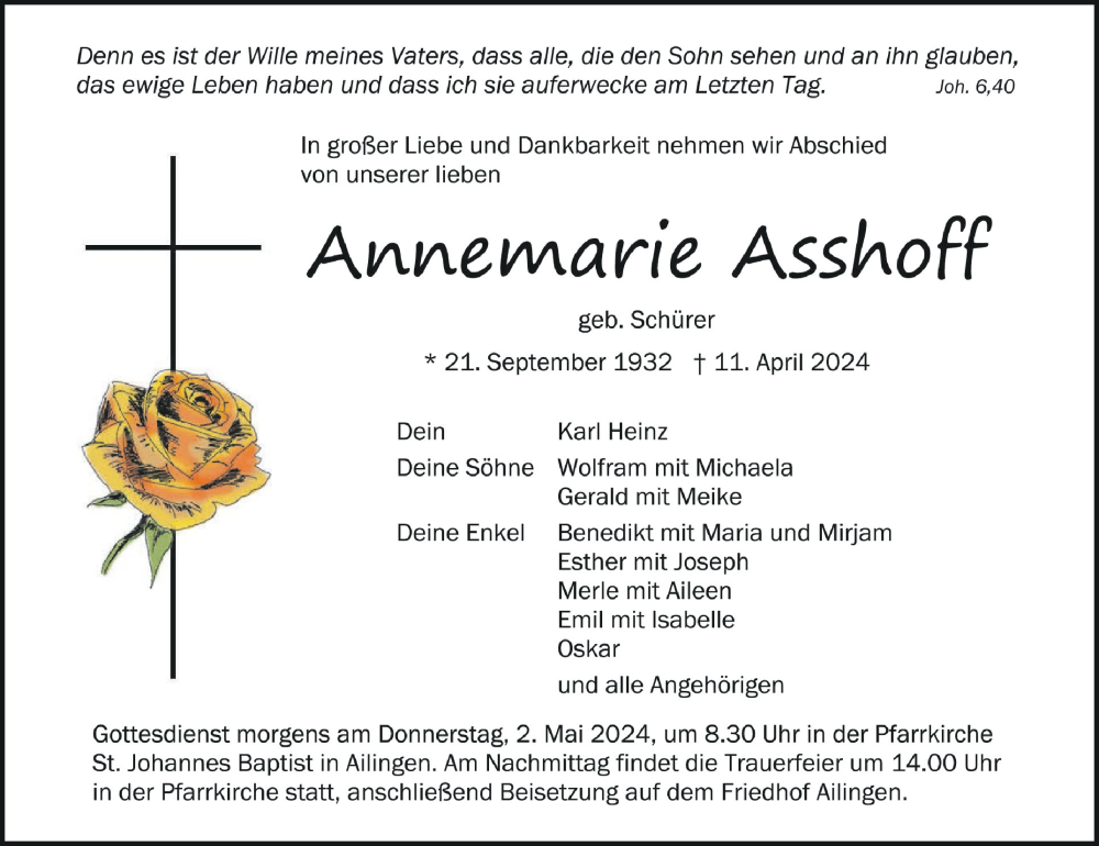  Traueranzeige für Annemarie Asshoff vom 20.04.2024 aus Schwäbische Zeitung