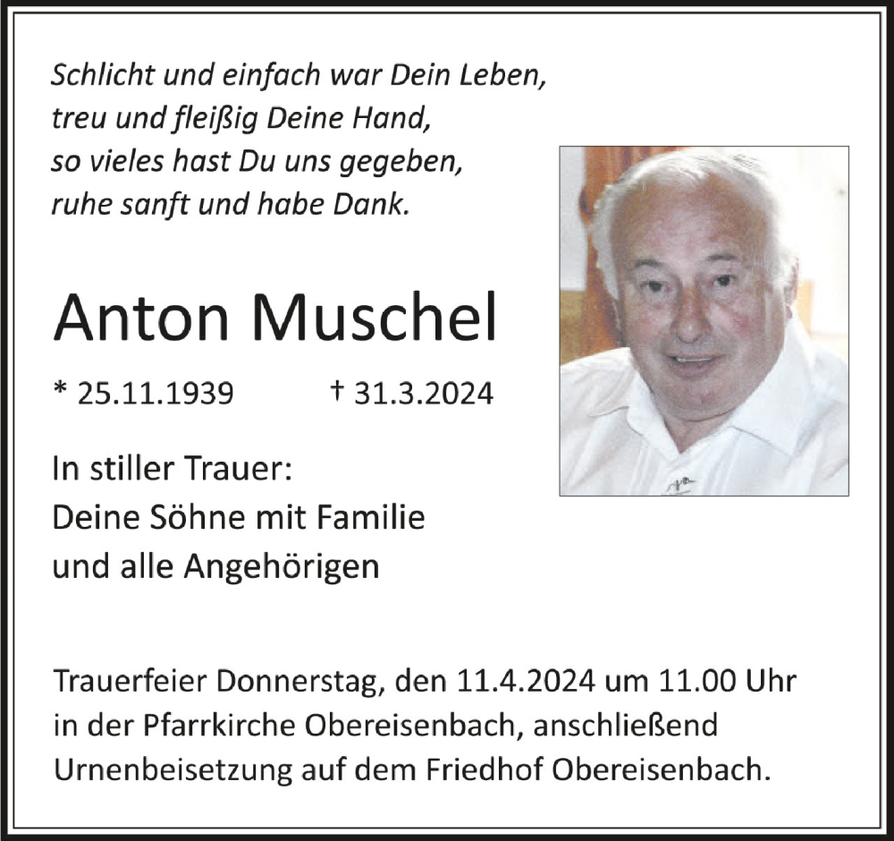  Traueranzeige für Anton Muschel vom 06.04.2024 aus Schwäbische Zeitung