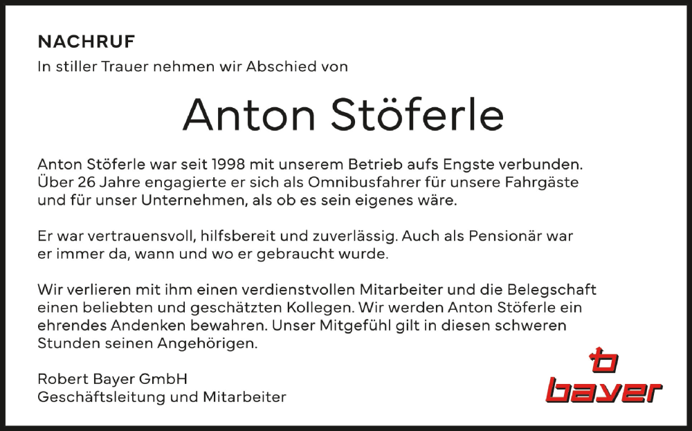  Traueranzeige für Anton Stöferle vom 13.04.2024 aus Schwäbische Zeitung