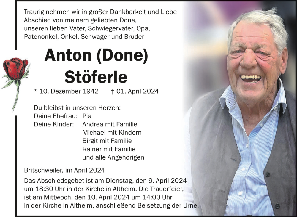  Traueranzeige für Anton Stöferle vom 06.04.2024 aus Schwäbische Zeitung