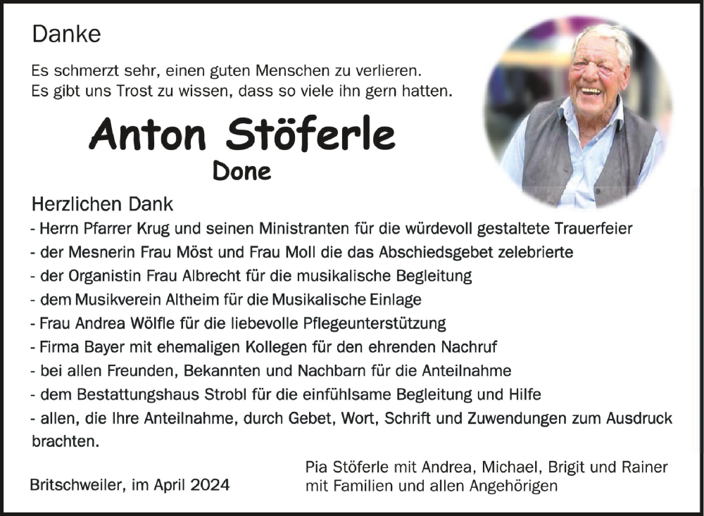  Traueranzeige für Anton Stöferle vom 20.04.2024 aus Schwäbische Zeitung