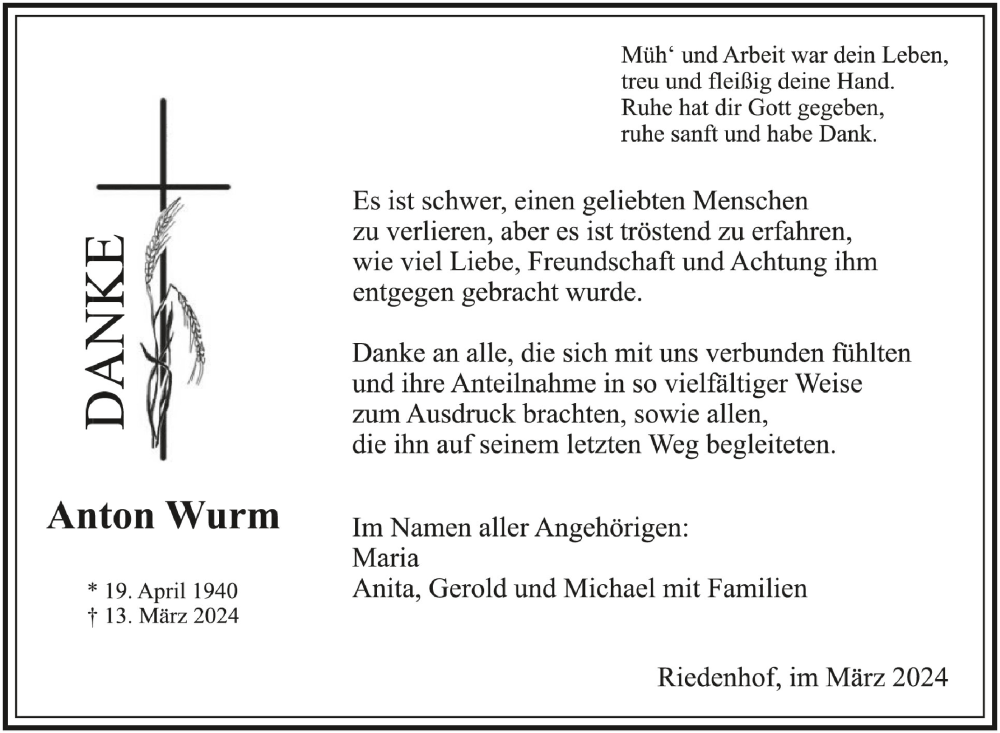  Traueranzeige für Anton Wurm vom 06.04.2024 aus Schwäbische Zeitung