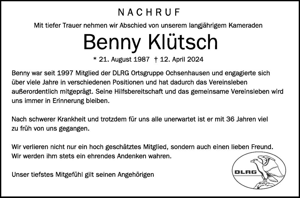  Traueranzeige für Benjamin Klütsch vom 27.04.2024 aus Schwäbische Zeitung