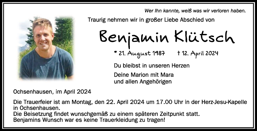  Traueranzeige für Benjamin Klütsch vom 20.04.2024 aus Schwäbische Zeitung