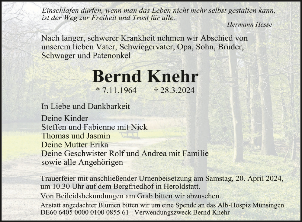  Traueranzeige für Bernd Knehr vom 16.04.2024 aus Schwäbische Zeitung