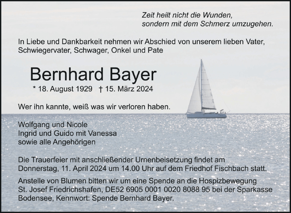  Traueranzeige für Bernhard Bayer vom 05.04.2024 aus Schwäbische Zeitung