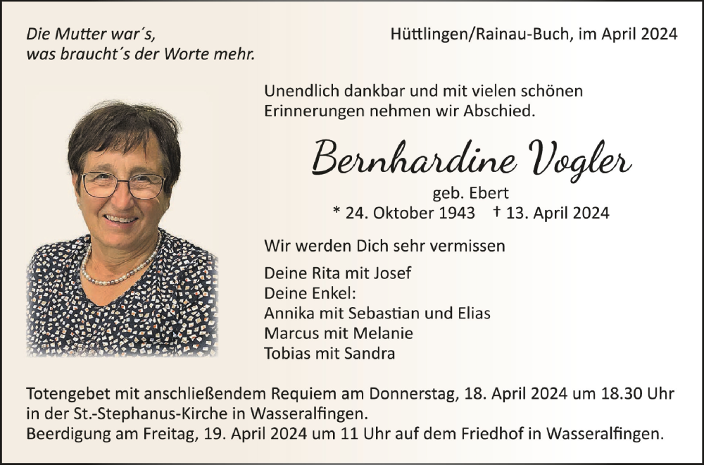  Traueranzeige für Bernhardine Vogler vom 17.04.2024 aus Schwäbische Zeitung