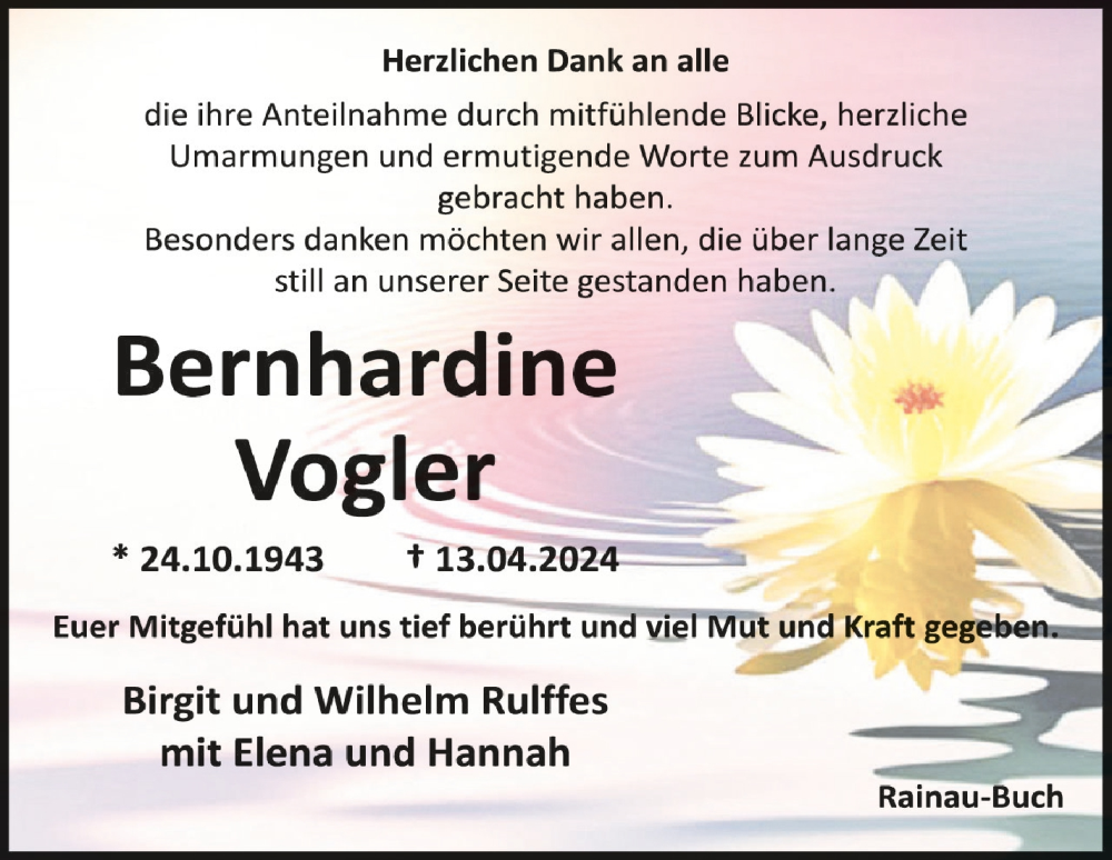  Traueranzeige für Bernhardine Vogler vom 27.04.2024 aus Schwäbische Zeitung