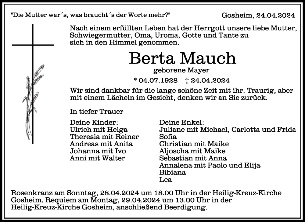  Traueranzeige für Berta Mauch vom 26.04.2024 aus Schwäbische Zeitung