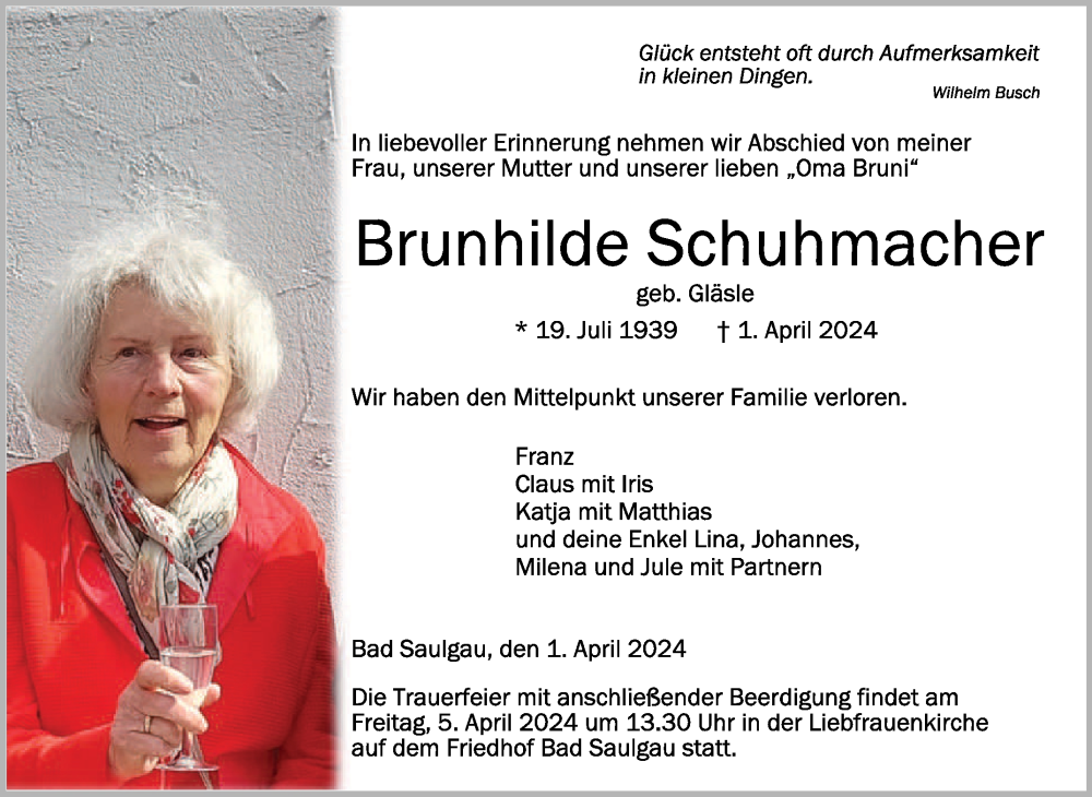  Traueranzeige für Brunhilde Schuhmacher vom 03.04.2024 aus Schwäbische Zeitung