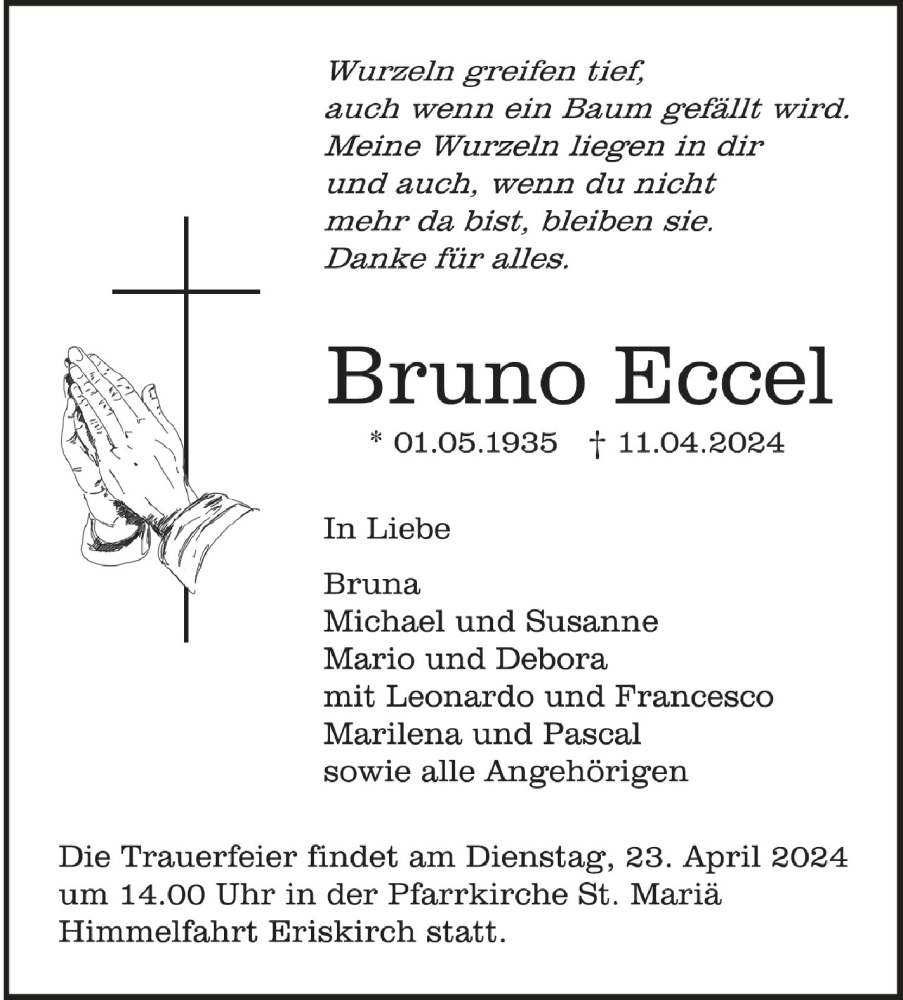  Traueranzeige für Bruno Eccel vom 16.04.2024 aus Schwäbische Zeitung