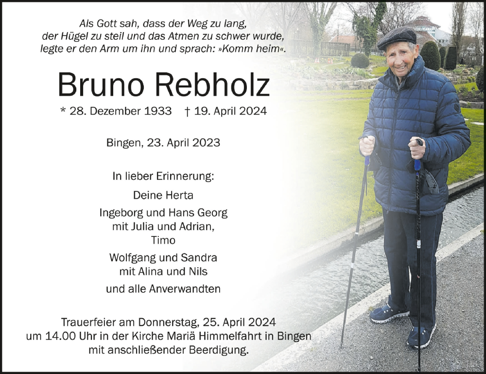  Traueranzeige für Bruno Rebholz vom 23.04.2024 aus Schwäbische Zeitung