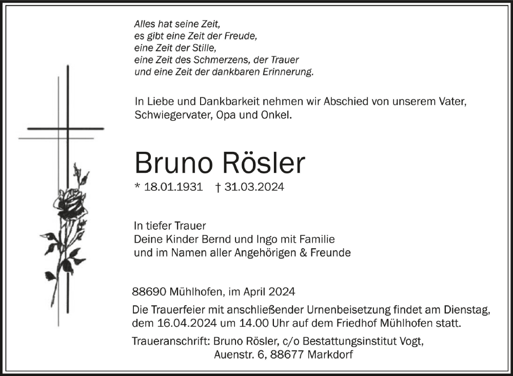  Traueranzeige für Bruno Rösler vom 13.04.2024 aus Schwäbische Zeitung