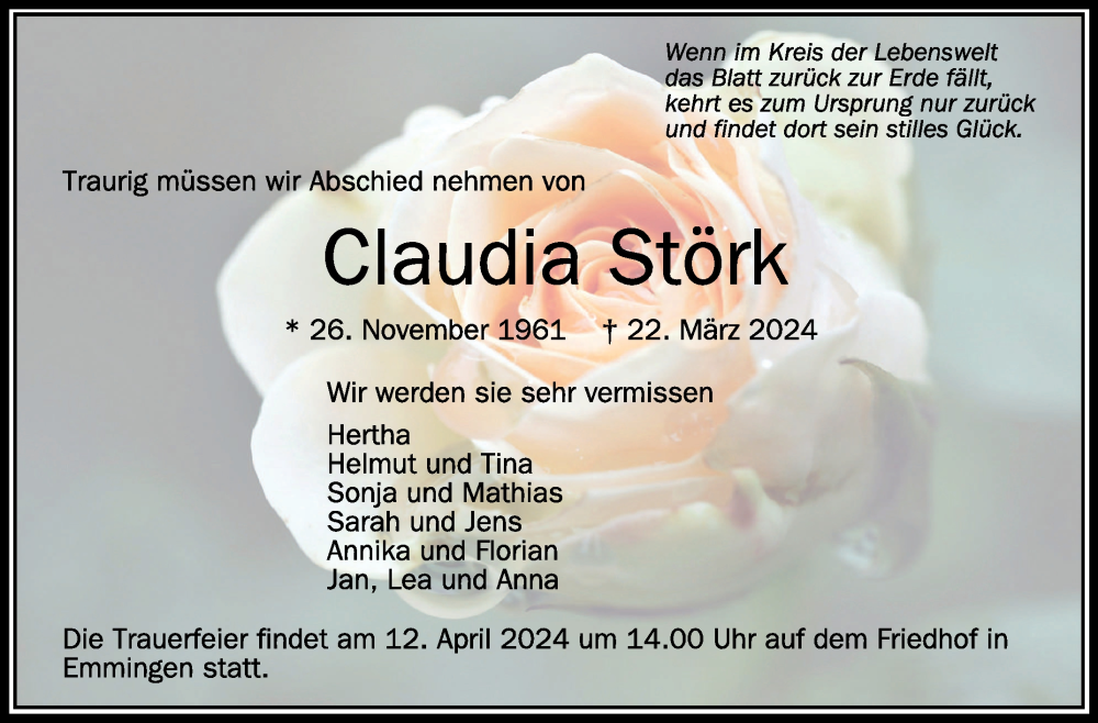  Traueranzeige für Claudia Störk vom 09.04.2024 aus Schwäbische Zeitung