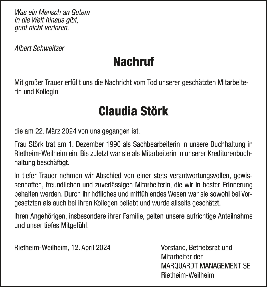  Traueranzeige für Claudia Störk vom 12.04.2024 aus Schwäbische Zeitung