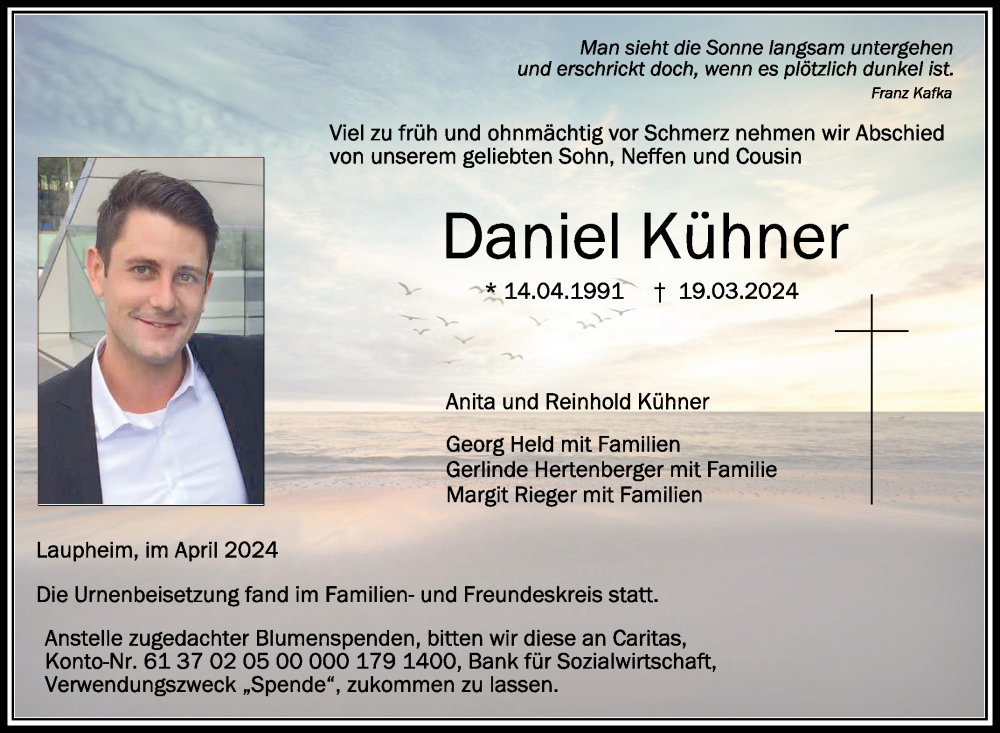  Traueranzeige für Daniel Kühner vom 19.04.2024 aus Schwäbische Zeitung
