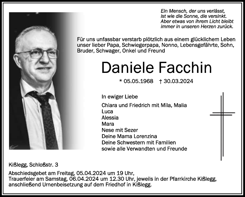 Traueranzeige für Daniele Facchin vom 03.04.2024 aus Schwäbische Zeitung