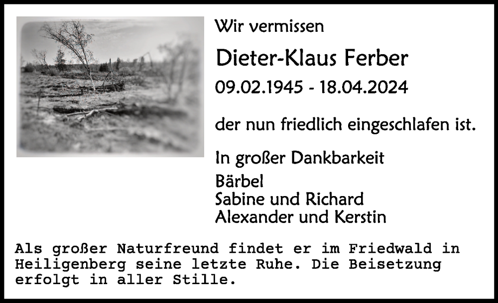  Traueranzeige für Dieter-Klaus Ferber vom 23.04.2024 aus Schwäbische Zeitung