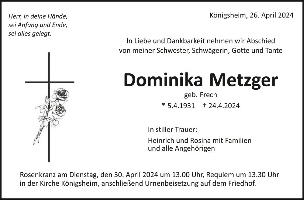  Traueranzeige für Dominika Metzger vom 26.04.2024 aus Schwäbische Zeitung