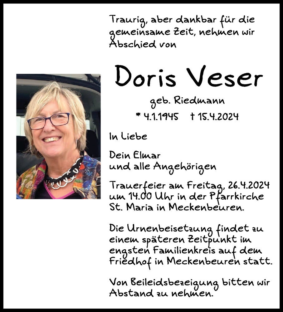  Traueranzeige für Doris Veser vom 23.04.2024 aus Schwäbische Zeitung