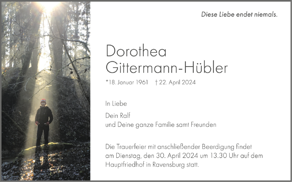  Traueranzeige für Dorothea Gittermann-Hübler vom 25.04.2024 aus Schwäbische Zeitung