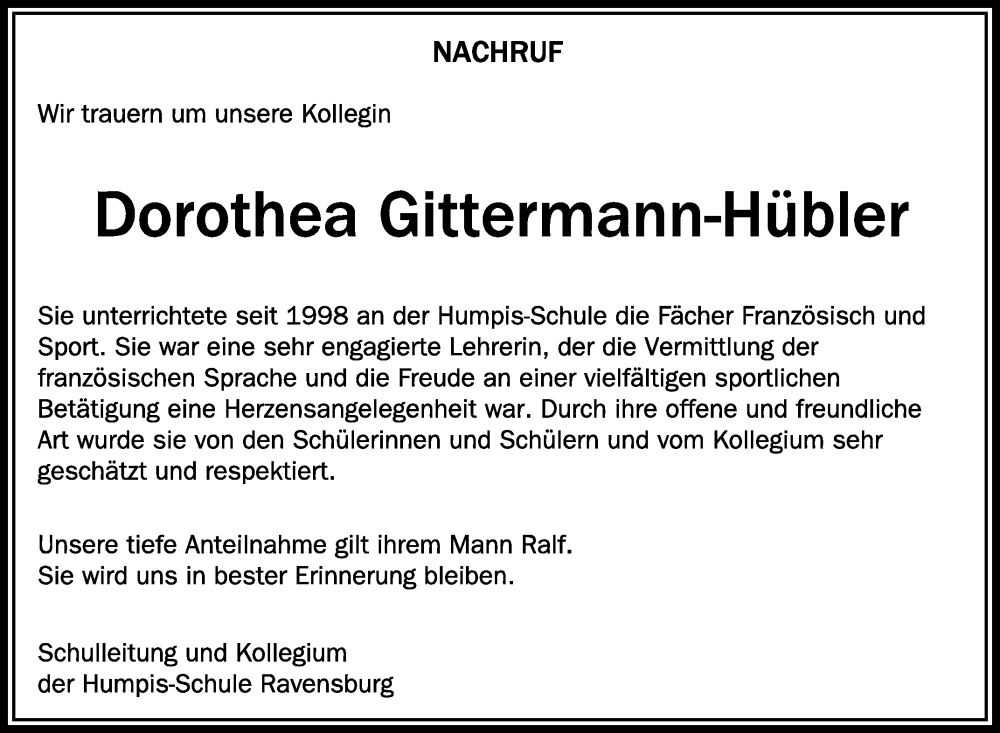  Traueranzeige für Dorothea Gittermann-Hübler vom 27.04.2024 aus Schwäbische Zeitung