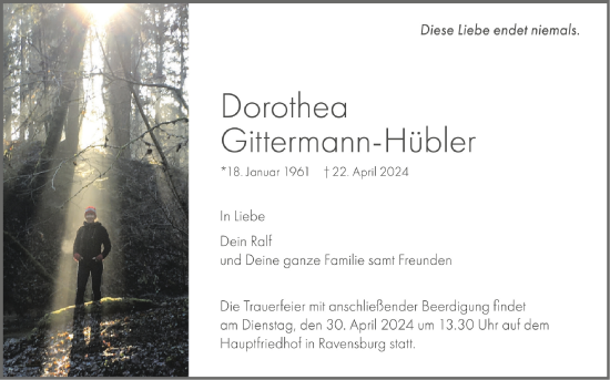Anzeige von Dorothea Gittermann-Hübler von Schwäbische Zeitung