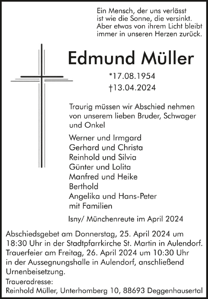 Traueranzeige für Edmund Müller vom 24.04.2024 aus Schwäbische Zeitung
