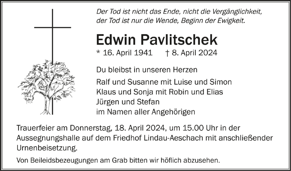  Traueranzeige für Edwin Pavlitschek vom 13.04.2024 aus Schwäbische Zeitung