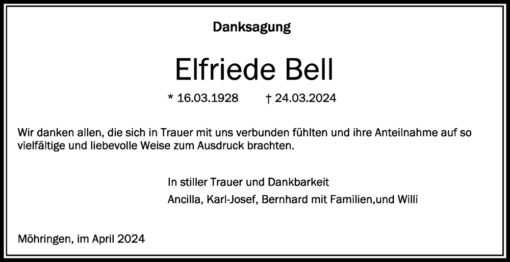  Traueranzeige für Elfriede Bell vom 13.04.2024 aus Schwäbische Zeitung
