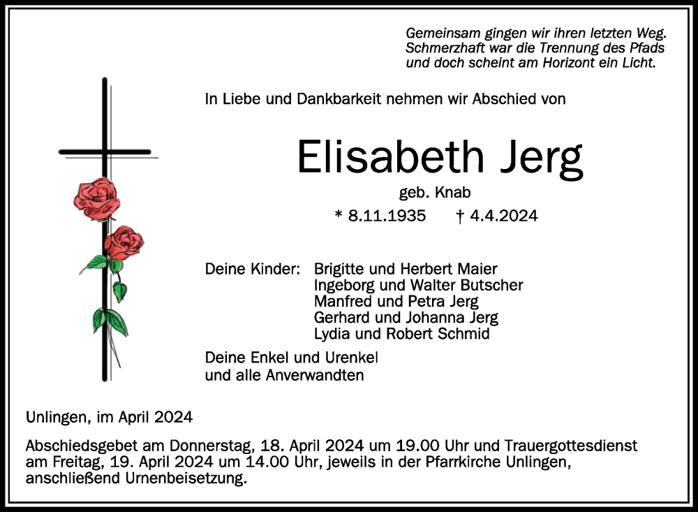  Traueranzeige für Elisabeth Jerg vom 17.04.2024 aus Schwäbische Zeitung
