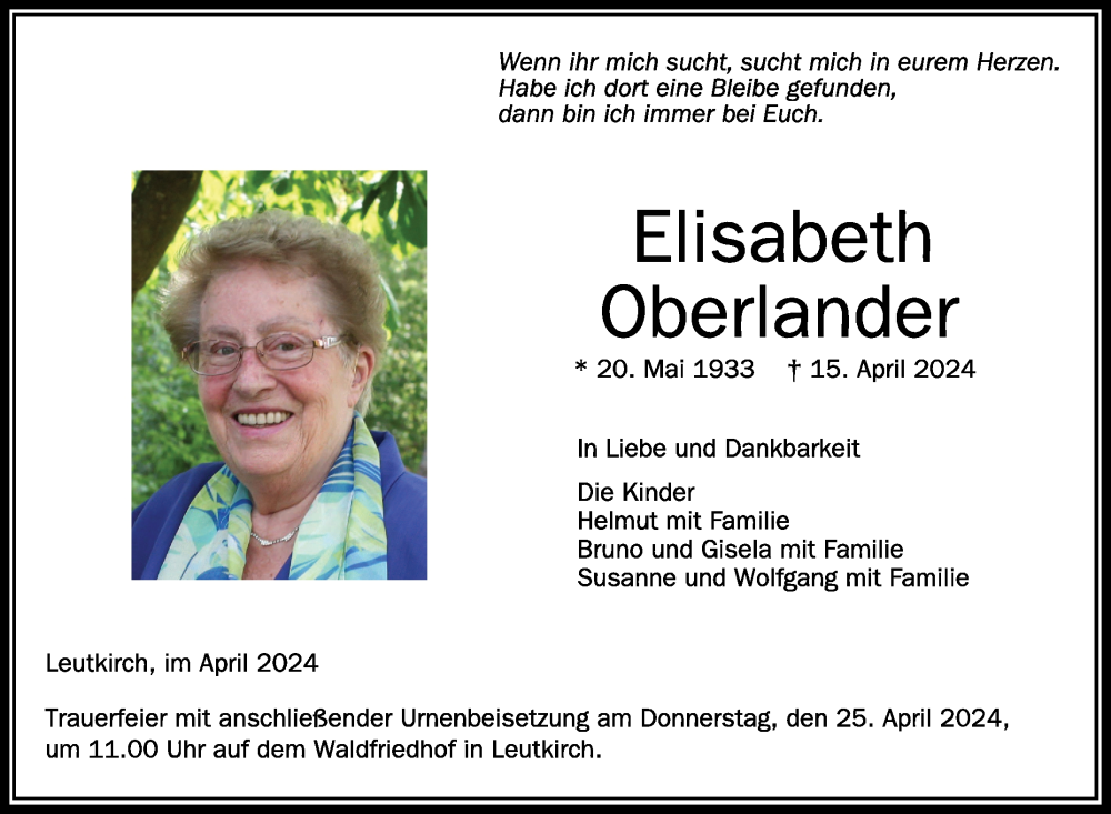  Traueranzeige für Elisabeth Oberlander vom 22.04.2024 aus Schwäbische Zeitung