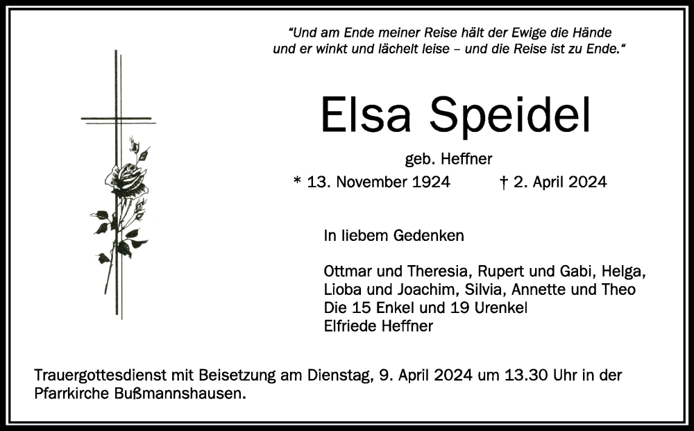  Traueranzeige für Elsa Speidel vom 06.04.2024 aus Schwäbische Zeitung