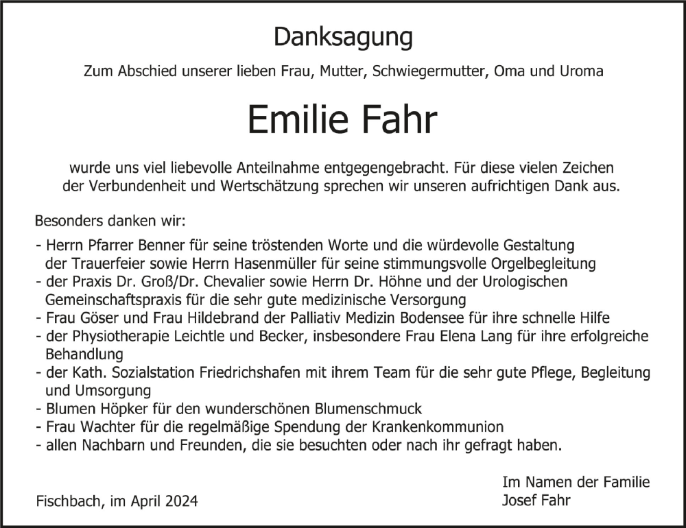  Traueranzeige für Emilie Fahr vom 13.04.2024 aus Schwäbische Zeitung