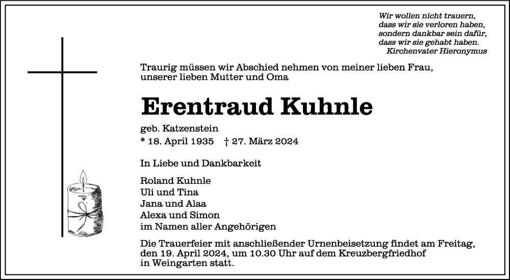  Traueranzeige für Erentraud Kuhnle vom 13.04.2024 aus Schwäbische Zeitung