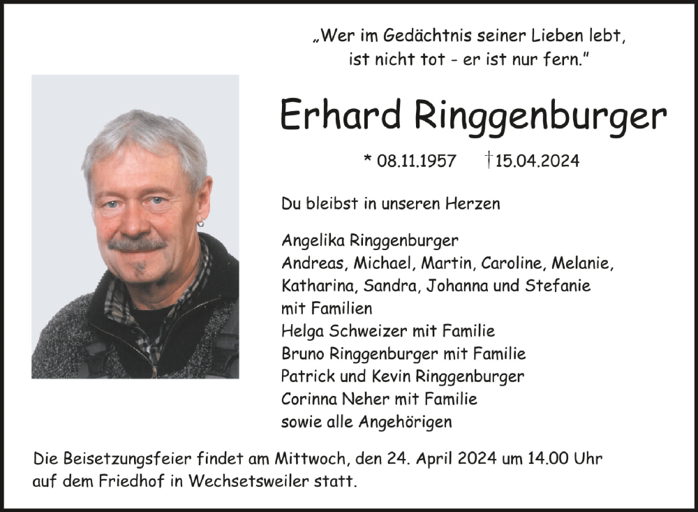  Traueranzeige für Erhard Ringgenburger vom 20.04.2024 aus Schwäbische Zeitung