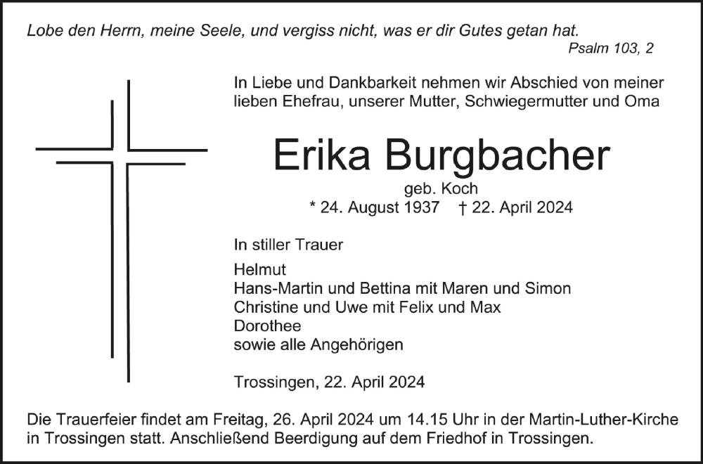  Traueranzeige für Erika Burgbacher vom 25.04.2024 aus Schwäbische Zeitung