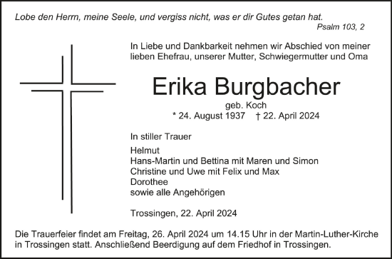 Anzeige von Erika Burgbacher von Schwäbische Zeitung