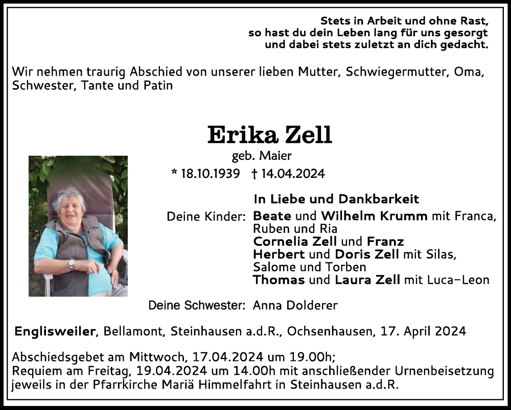  Traueranzeige für Erika Zell vom 17.04.2024 aus Schwäbische Zeitung