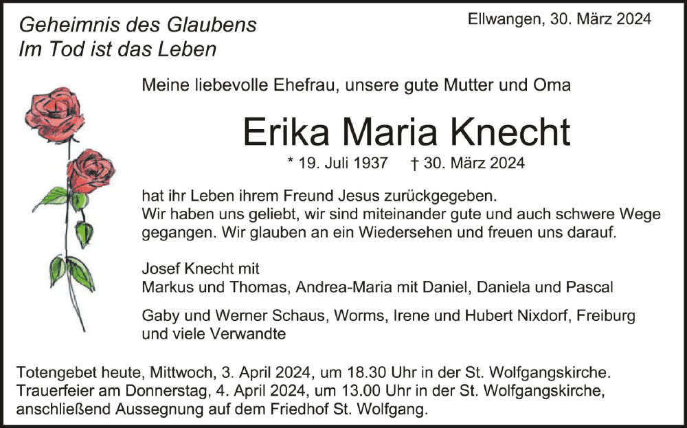  Traueranzeige für Erika Maria Knecht vom 03.04.2024 aus Schwäbische Zeitung