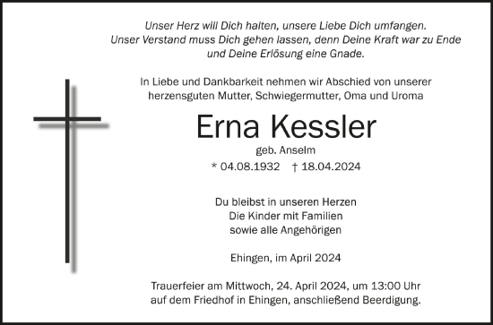 Anzeige von Erna Kessler von Schwäbische Zeitung