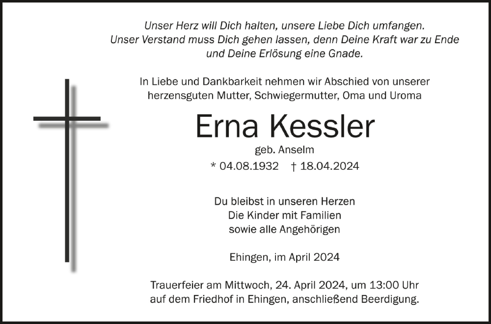  Traueranzeige für Erna Kessler vom 22.04.2024 aus Schwäbische Zeitung