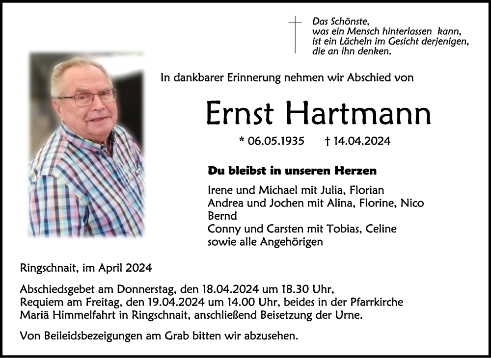  Traueranzeige für Ernst Hartmann vom 17.04.2024 aus Schwäbische Zeitung